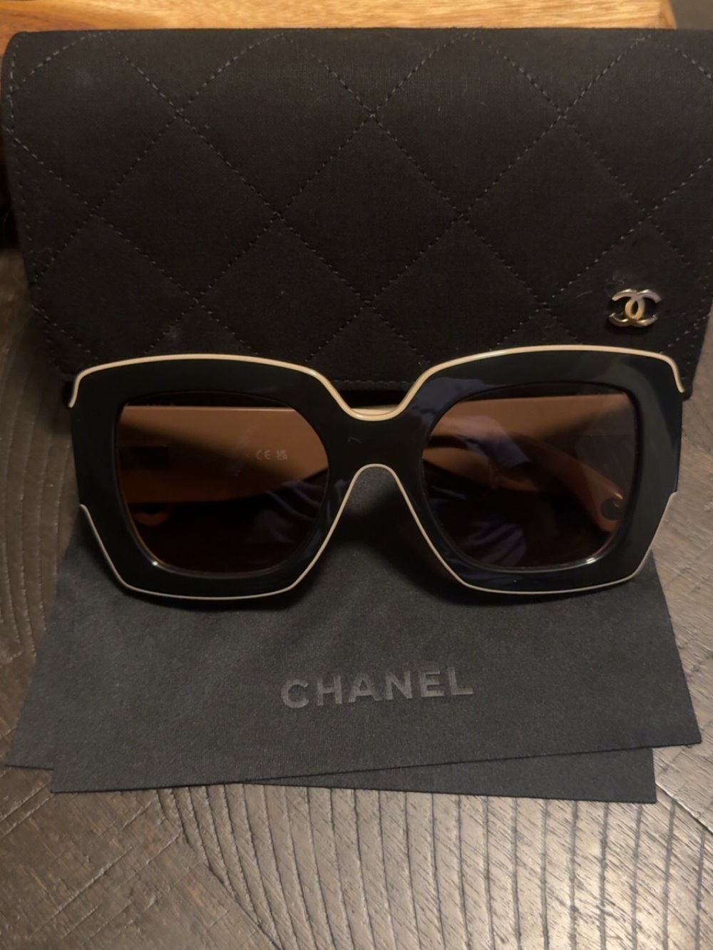 CHANEL Black Sunglasses with Cream Trim - Square Oversized Frame